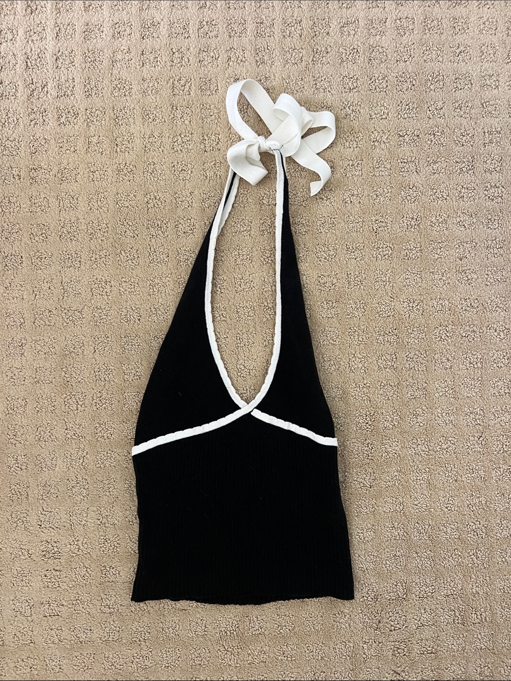 Black Halter Knit Top with White Trim
